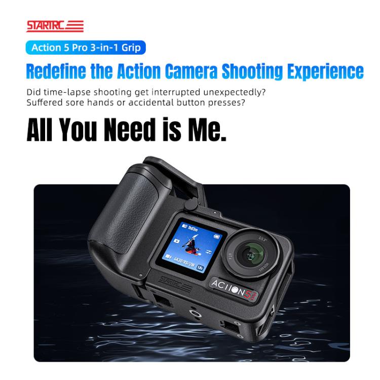 For DJI Osmo Action 5 Pro / 4 / 3 STARTRC 3 in 1 Expansion Power-Grip Street Shooting Handle Cage Kit  - Black