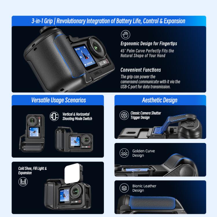 For DJI Osmo Action 5 Pro / 4 / 3 STARTRC 3 in 1 Expansion Power-Grip Street Shooting Handle Cage Kit  - Black