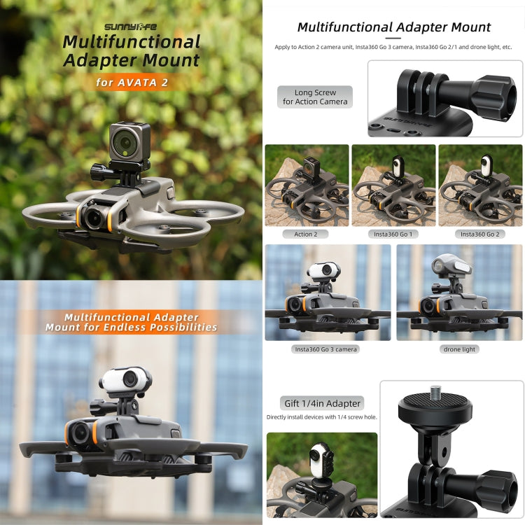 For DJI Avata 2 Sunnylife Action Camera Holder Mount Drone Light Bracket Lamp  - Black