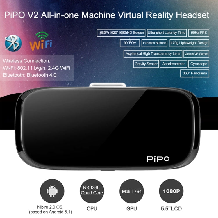 PiPo V2 5.5 inch Nibiru 2.0 RK3288 Quad Core 1.6GHz 2GB+16GB 3D VR Virtual Reality Headset Mobile Private Cinema Glasses Helmet for Gaming, Movie, Support OTG, WiFi, Bluetooth