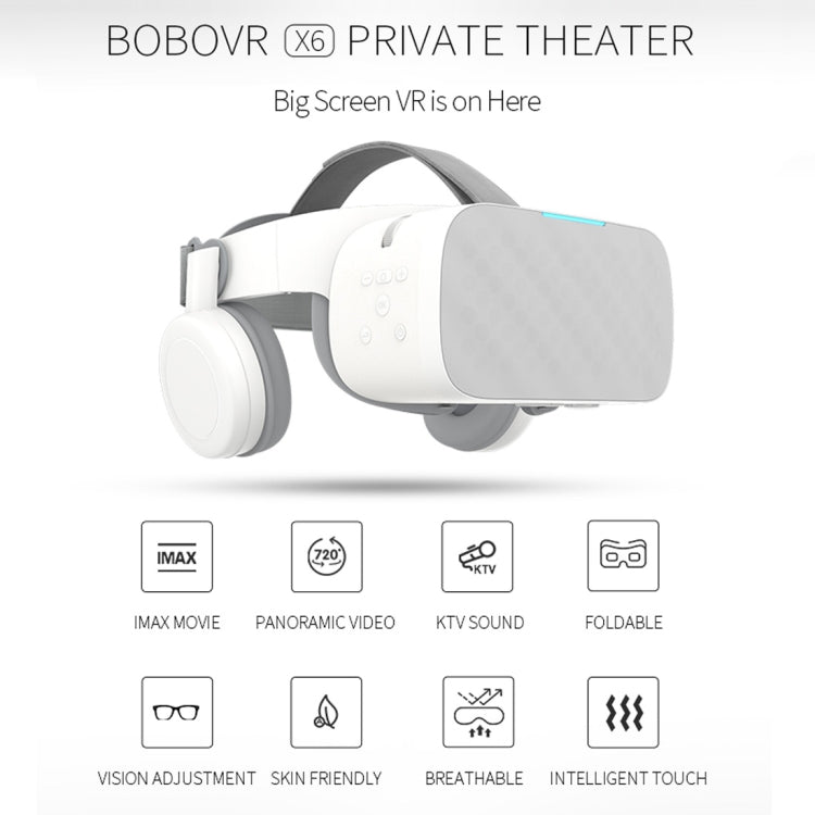 BOBO X6 5.5 inch Virtual Reality Glasses Headset Private Cinema Glasses Helmet, Android 7.1, Allwinner VR9 Quad Core 1.8GHz, 2GB+16GB, Support OTG, WiFi, Bluetooth(White)