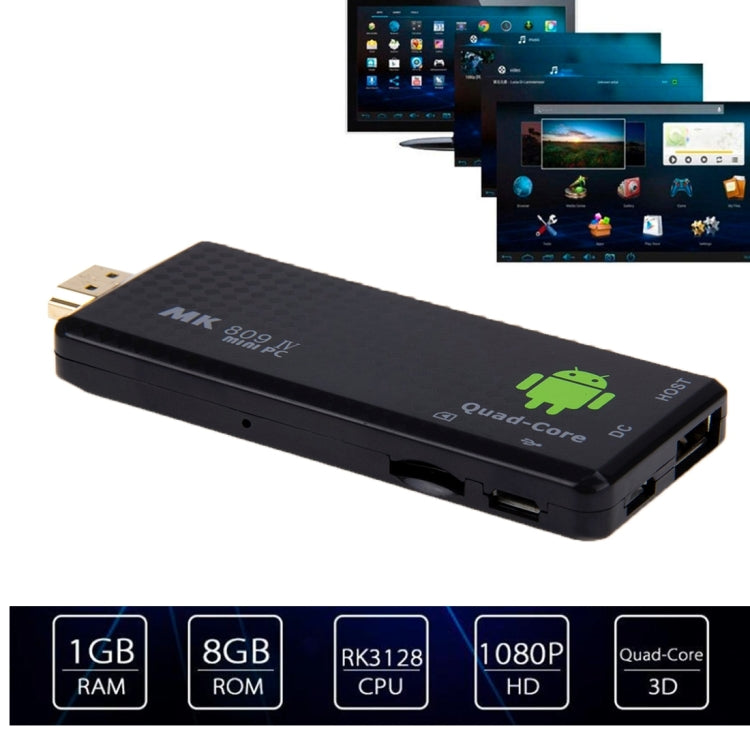 MK809 IV Mini PC / TV Stick Dongle, Android 4.4 Rockchip 3128 Quad Core, RAM: 1GB, Flash: 8GB, Support Bluetooth 4.0, WiFi, PPPOE, KODI, XBMC, DLNA, Miracast