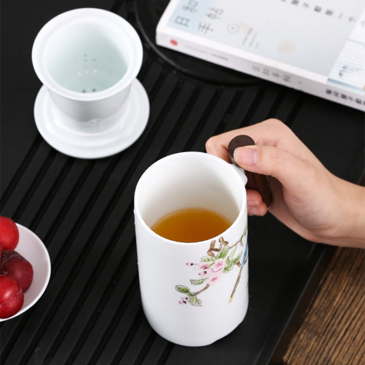Enamel Ceramic Tea Cup Set with Cup Cover & Filter Cup, Pattern: Good Luck and Long Life