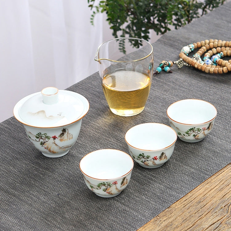 5 in 1 Hand-painted Outdoor Portable Travel Storage Teapot Kungfu Cup Tea Set