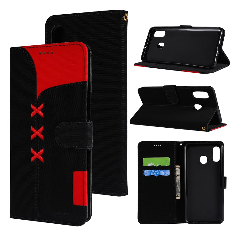 Fabric Stitching Embroidery Horizontal Flip Leather Case With Holder & Card Slots & Wallet for Galaxy A20