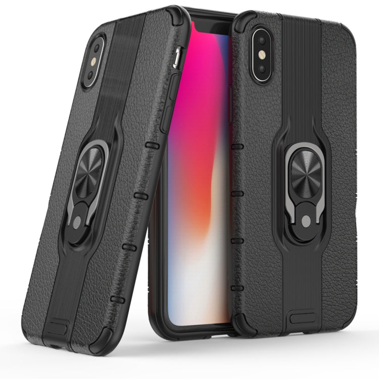 For iPhone X / XS Litchi Texture PC + TPU Combination Case with Magnetic Ring Holder
