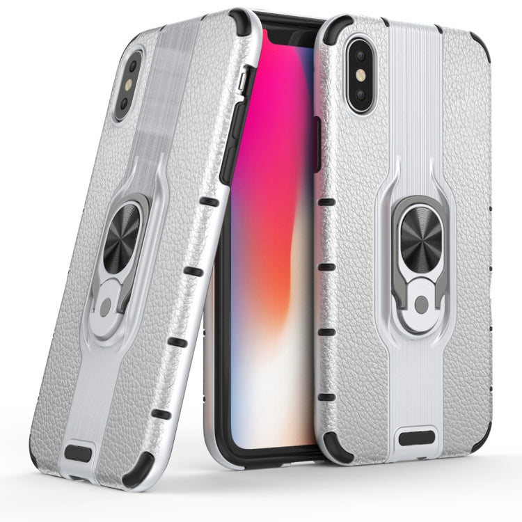 For iPhone X / XS Litchi Texture PC + TPU Combination Case with Magnetic Ring Holder