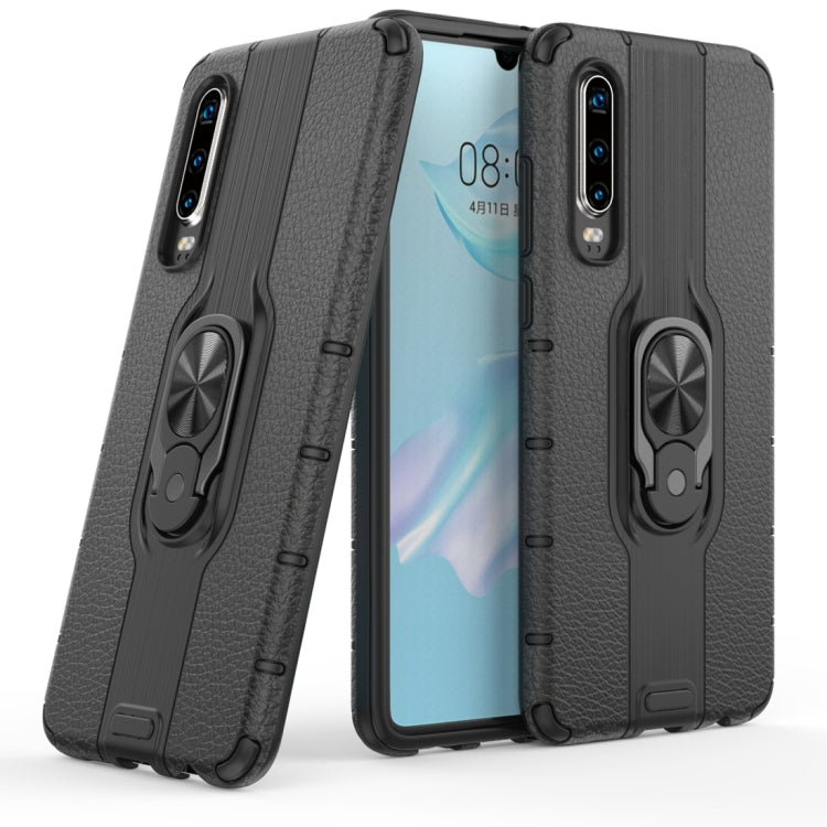 Litchi Texture PC + TPU Combination Case with Magnetic Ring Holder For Huawei P30