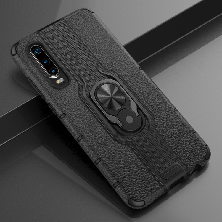 Litchi Texture PC + TPU Combination Case with Magnetic Ring Holder For Huawei P30