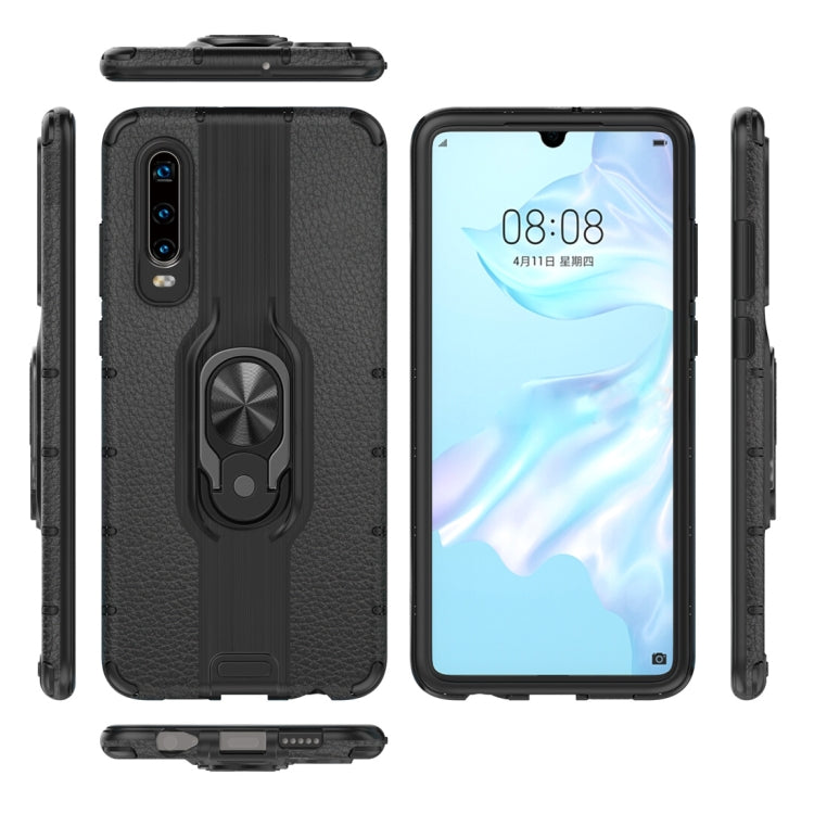Litchi Texture PC + TPU Combination Case with Magnetic Ring Holder For Huawei P30