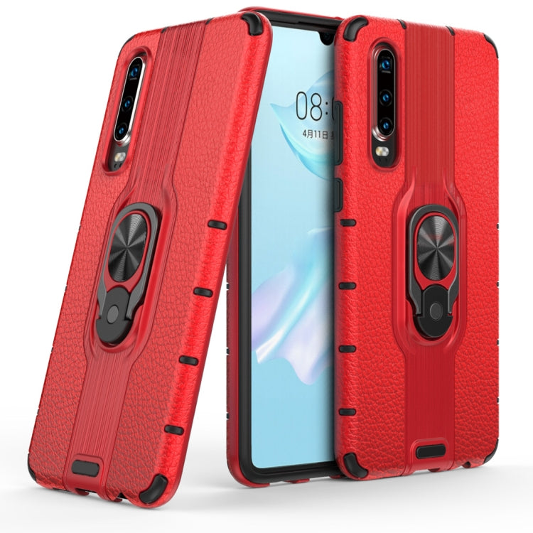 Litchi Texture PC + TPU Combination Case with Magnetic Ring Holder For Huawei P30