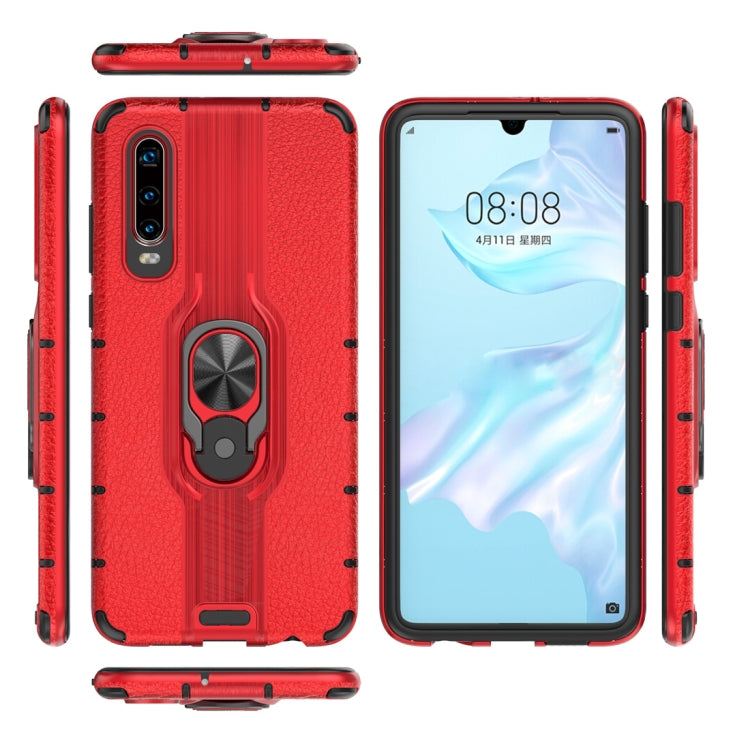 Litchi Texture PC + TPU Combination Case with Magnetic Ring Holder For Huawei P30