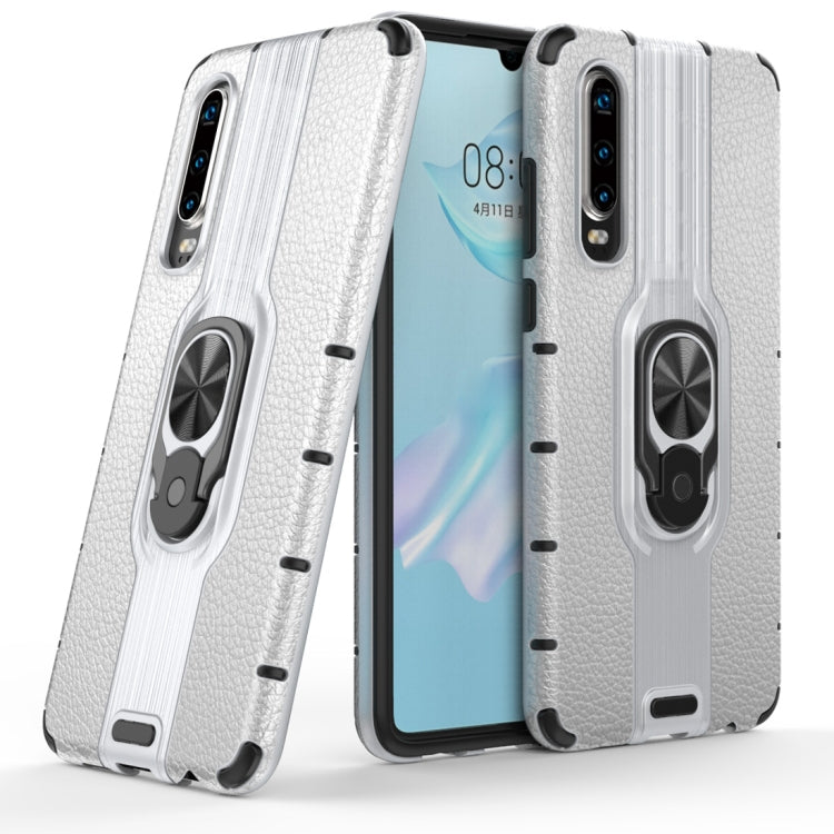 Litchi Texture PC + TPU Combination Case with Magnetic Ring Holder For Huawei P30