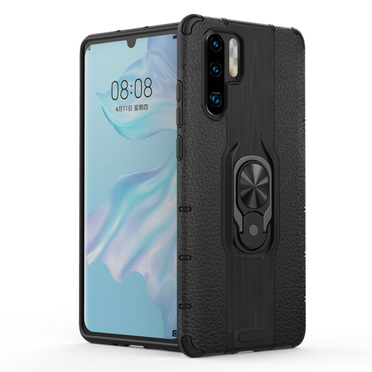 Litchi Texture PC + TPU Combination Case with Magnetic Ring Holder For Huawei P30 Pro