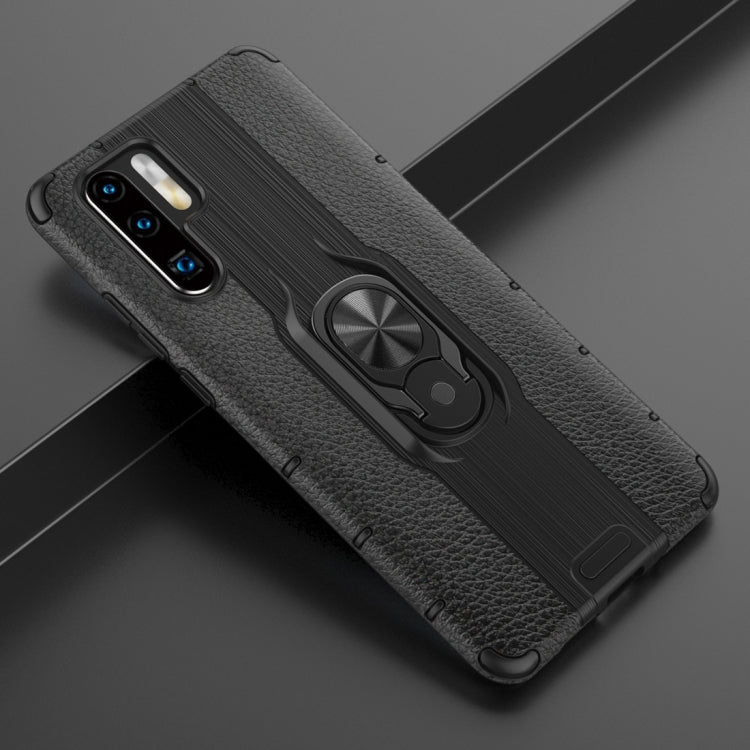Litchi Texture PC + TPU Combination Case with Magnetic Ring Holder For Huawei P30 Pro