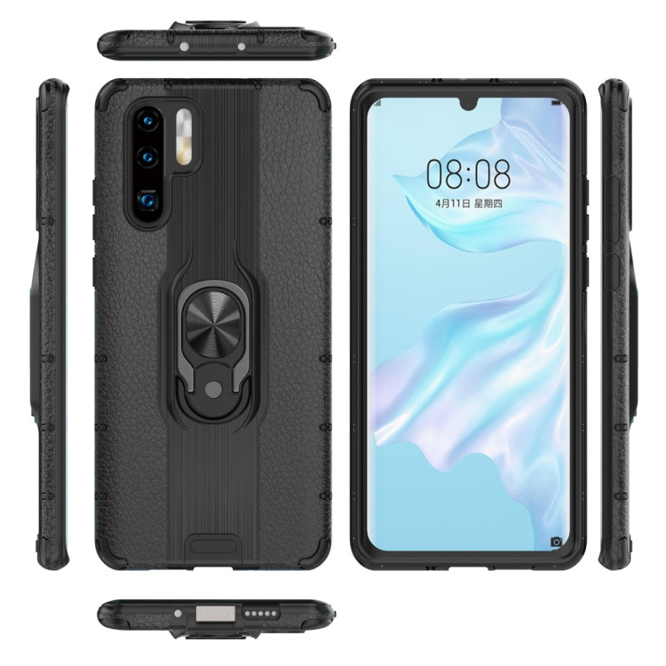 Litchi Texture PC + TPU Combination Case with Magnetic Ring Holder For Huawei P30 Pro