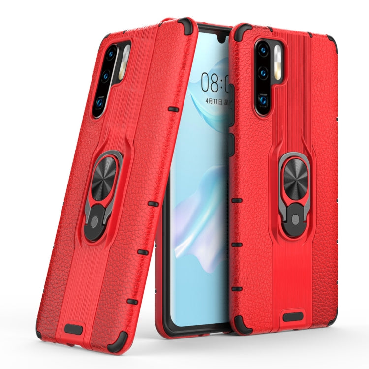 Litchi Texture PC + TPU Combination Case with Magnetic Ring Holder For Huawei P30 Pro