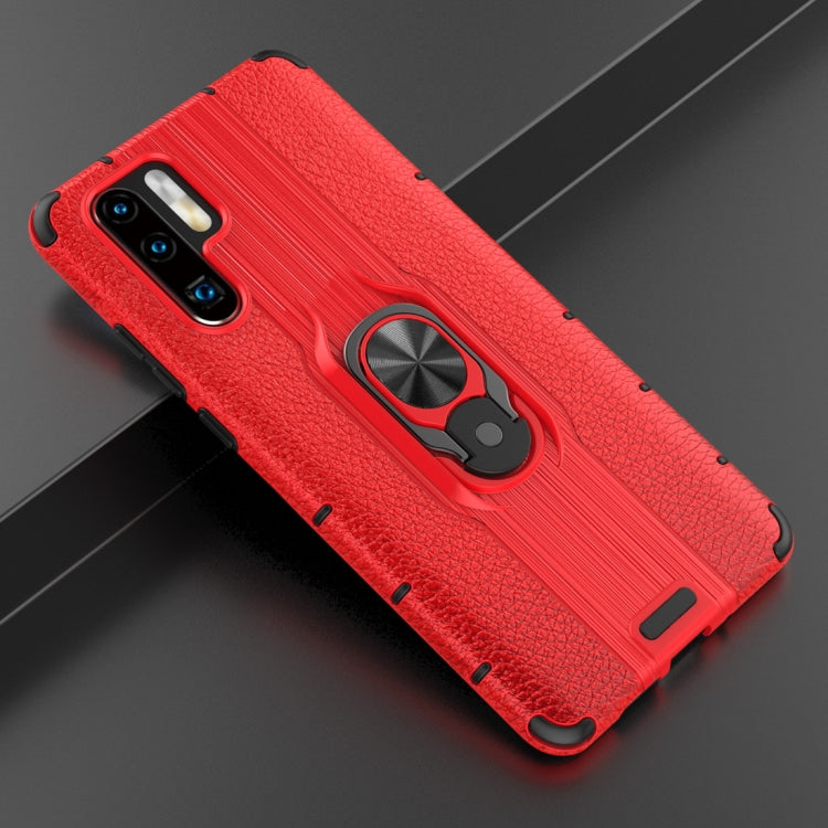 Litchi Texture PC + TPU Combination Case with Magnetic Ring Holder For Huawei P30 Pro