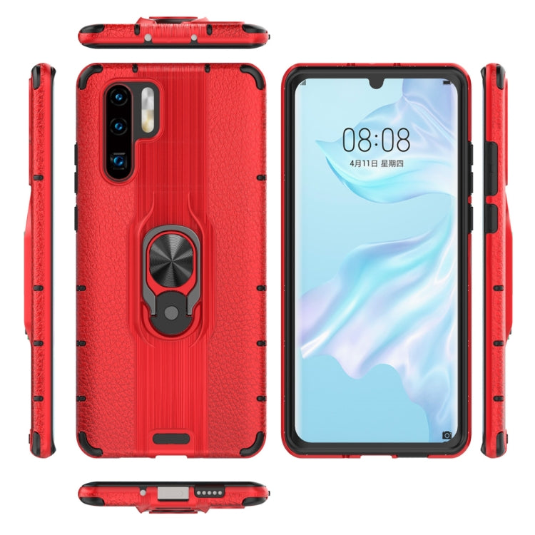 Litchi Texture PC + TPU Combination Case with Magnetic Ring Holder For Huawei P30 Pro
