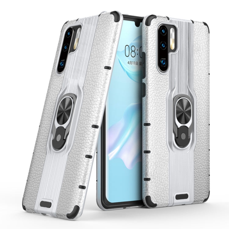 Litchi Texture PC + TPU Combination Case with Magnetic Ring Holder For Huawei P30 Pro