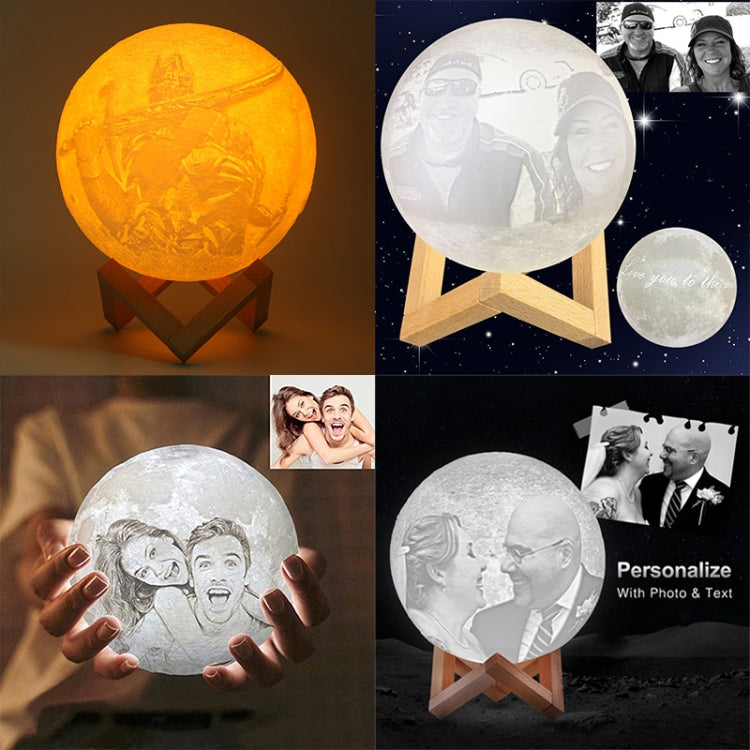 Customized Touch Switch 2-color 3D Print Moon Lamp USB Charging Energy-saving LED Night Light with Wooden Holder Base, Diameter:13cm