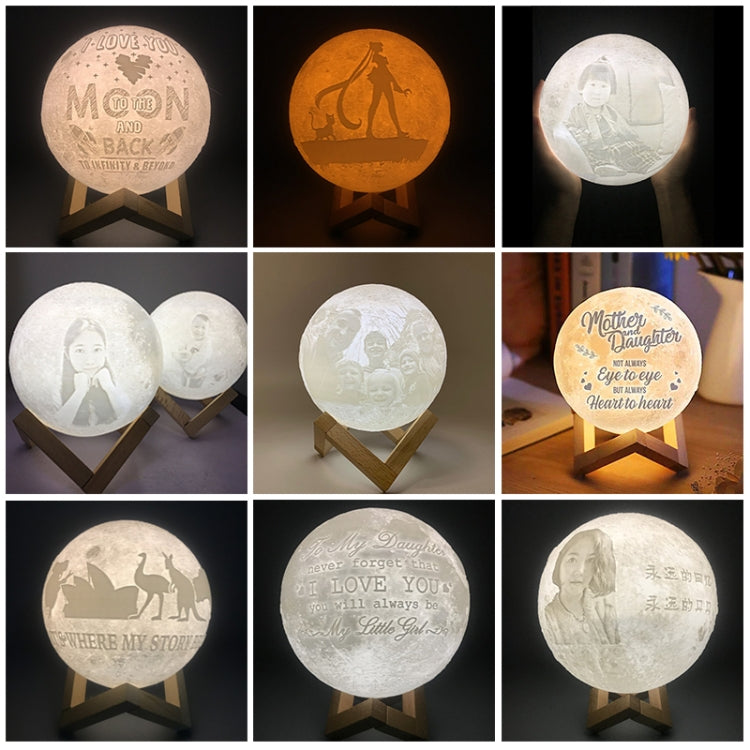 Customized Touch Switch 2-color 3D Print Moon Lamp USB Charging Energy-saving LED Night Light with Wooden Holder Base, Diameter:13cm