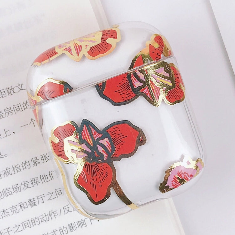 PC Water Decal Gilding Earphone Protective Case for Airpods 1 / 2, Pattern: Red Flower