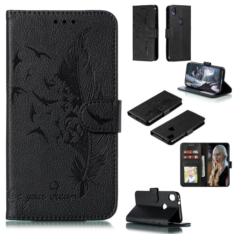 Feather Pattern Litchi Texture Horizontal Flip Leather Case with Wallet & Holder & Card Slots For Motorola Moto E6