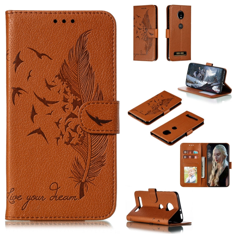 Feather Pattern Litchi Texture Horizontal Flip Leather Case with Wallet & Holder & Card Slots For Motorola Moto Z4 Play