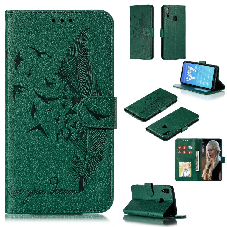 Feather Pattern Litchi Texture Horizontal Flip Leather Case with Wallet & Holder & Card Slots For Huawei Y7 (2019)
