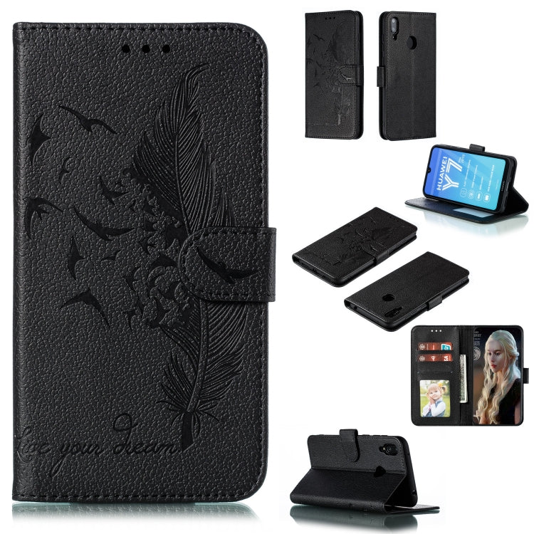 Feather Pattern Litchi Texture Horizontal Flip Leather Case with Wallet & Holder & Card Slots For Huawei Y7 (2019)