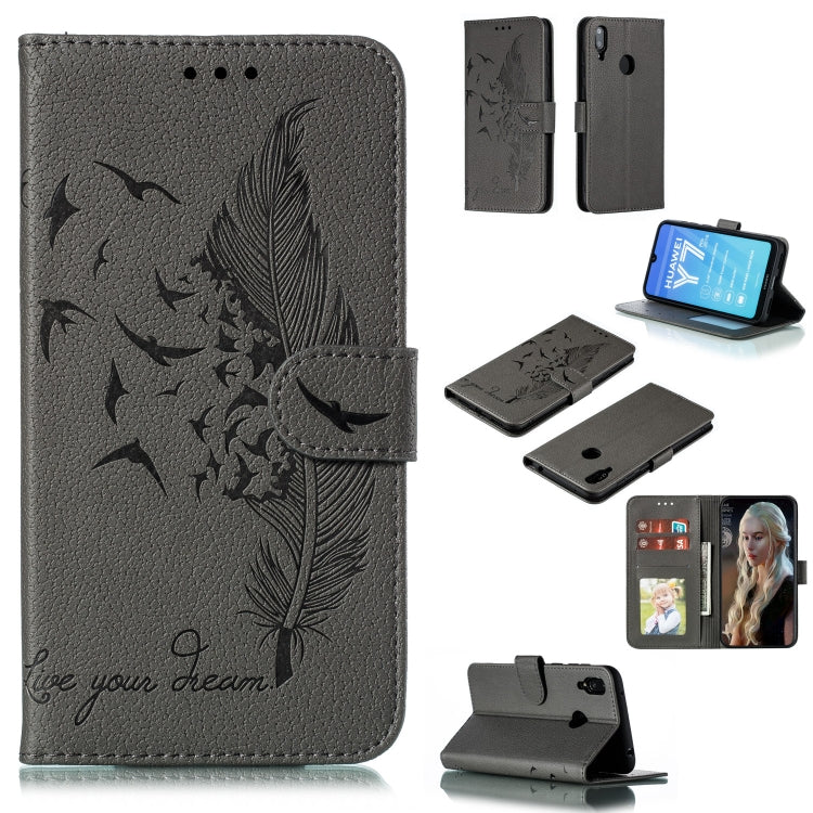 Feather Pattern Litchi Texture Horizontal Flip Leather Case with Wallet & Holder & Card Slots For Huawei Y7 (2019)