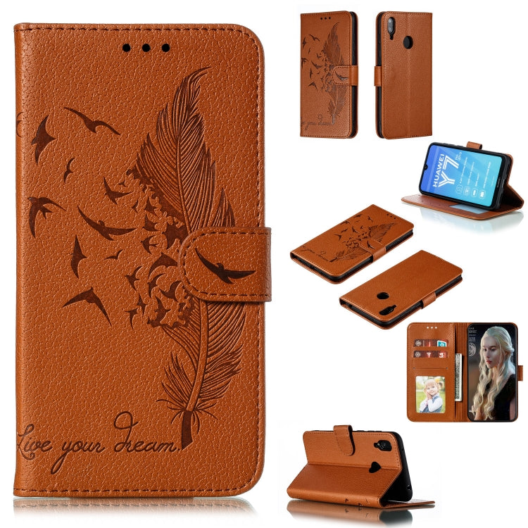 Feather Pattern Litchi Texture Horizontal Flip Leather Case with Wallet & Holder & Card Slots For Huawei Y7 (2019)