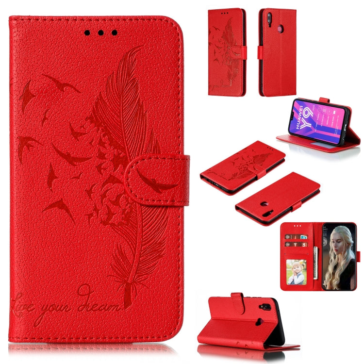 Feather Pattern Litchi Texture Horizontal Flip Leather Case with Wallet & Holder & Card Slots For Huawei Y9 (2019)