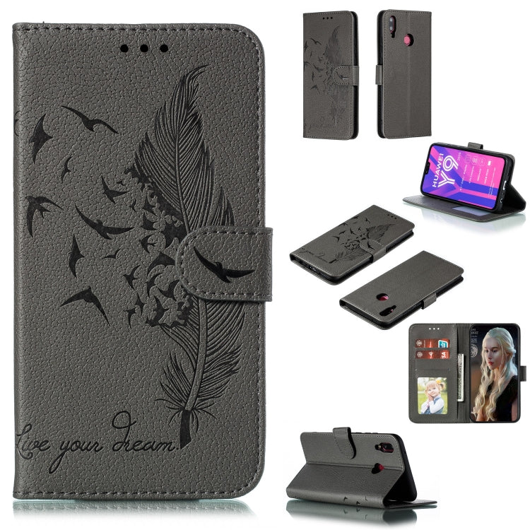 Feather Pattern Litchi Texture Horizontal Flip Leather Case with Wallet & Holder & Card Slots For Huawei Y9 (2019)