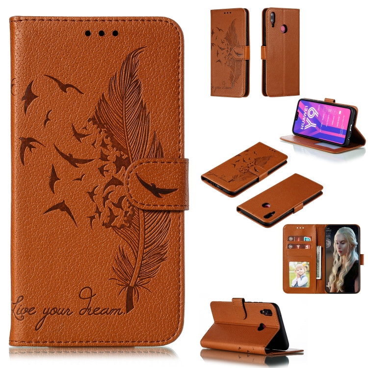Feather Pattern Litchi Texture Horizontal Flip Leather Case with Wallet & Holder & Card Slots For Huawei Y9 (2019)