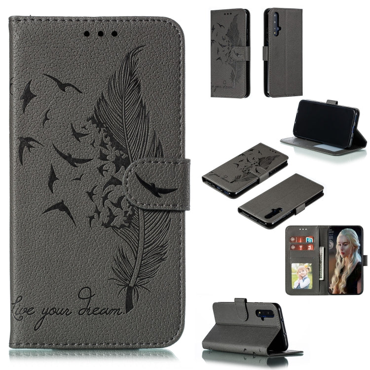 Feather Pattern Litchi Texture Horizontal Flip Leather Case with Wallet & Holder & Card Slots For Huawei Honor 20