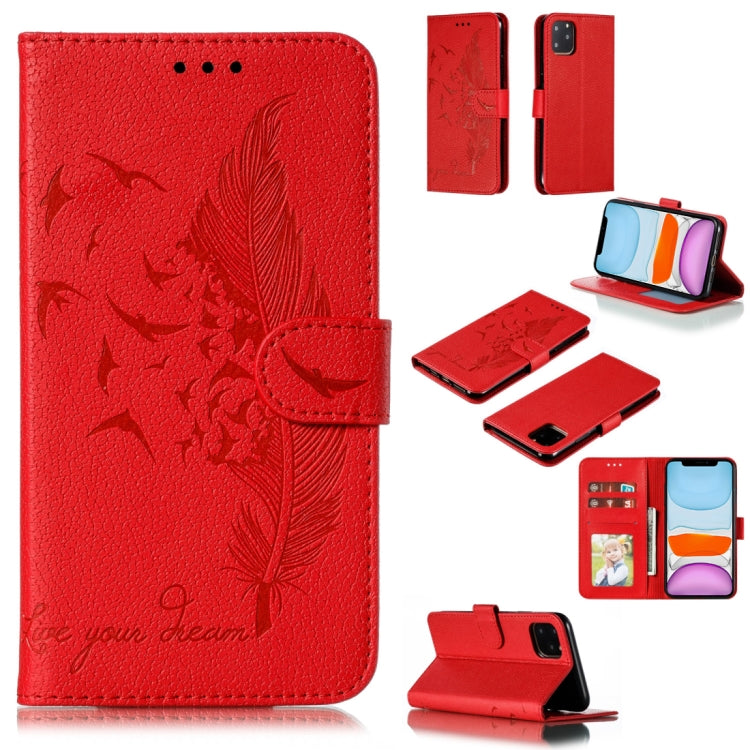 For iPhone 11 Feather Pattern Litchi Texture Horizontal Flip Leather Case with Wallet & Holder & Card Slots