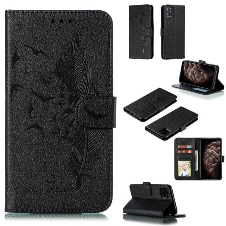 For iPhone 11 Pro Max Feather Pattern Litchi Texture Horizontal Flip Leather Case with Wallet & Holder & Card Slots