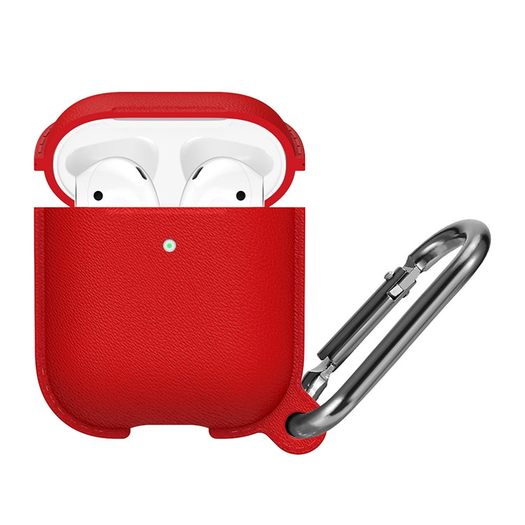 Anti-fall Litchi Texture Silicone Charging Box Protective Case with Carabiner for AirPods 1 & 2