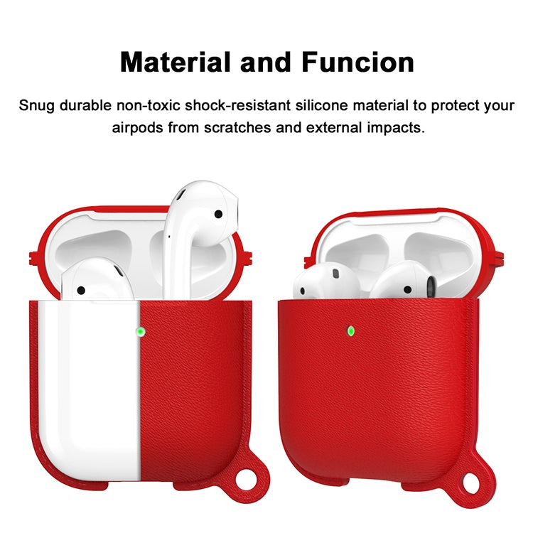 Anti-fall Litchi Texture Silicone Charging Box Protective Case with Carabiner for AirPods 1 & 2
