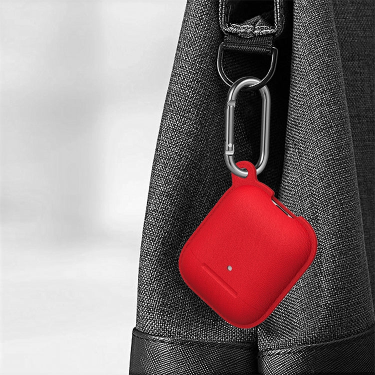 Anti-fall Litchi Texture Silicone Charging Box Protective Case with Carabiner for AirPods 1 & 2