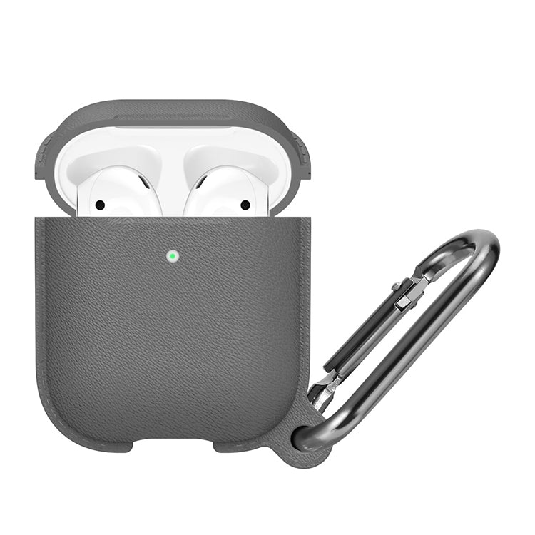 Anti-fall Litchi Texture Silicone Charging Box Protective Case with Carabiner for AirPods 1 & 2