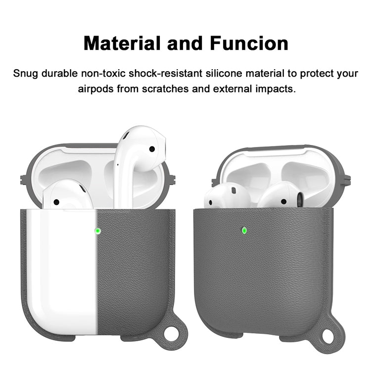 Anti-fall Litchi Texture Silicone Charging Box Protective Case with Carabiner for AirPods 1 & 2