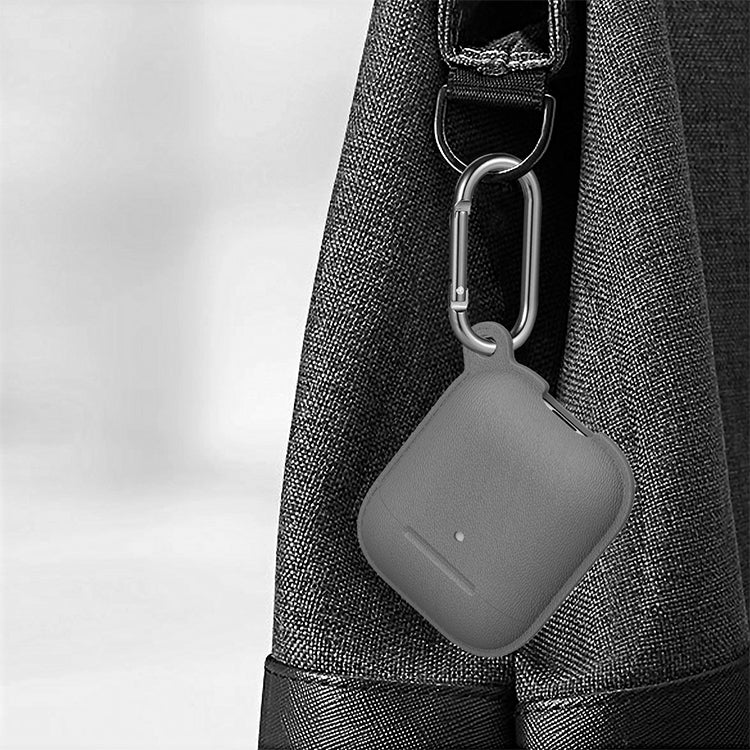 Anti-fall Litchi Texture Silicone Charging Box Protective Case with Carabiner for AirPods 1 & 2