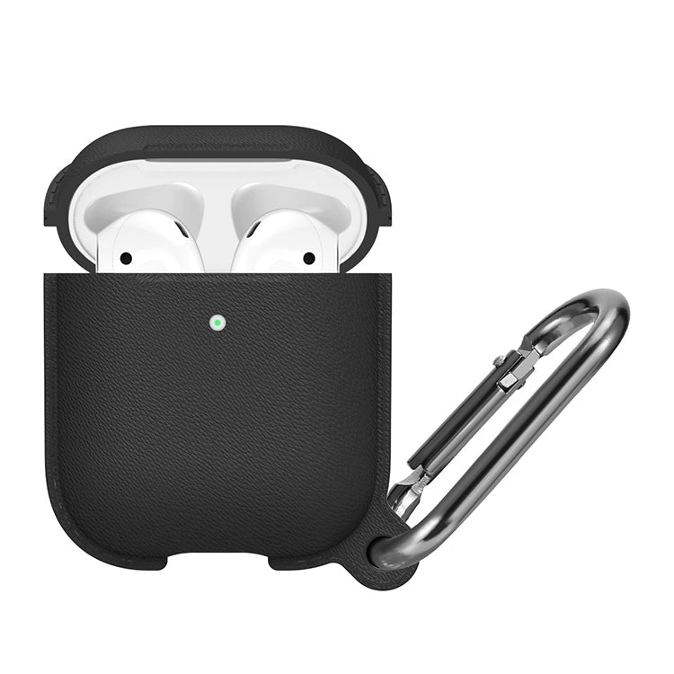 Anti-fall Litchi Texture Silicone Charging Box Protective Case with Carabiner for AirPods 1 & 2