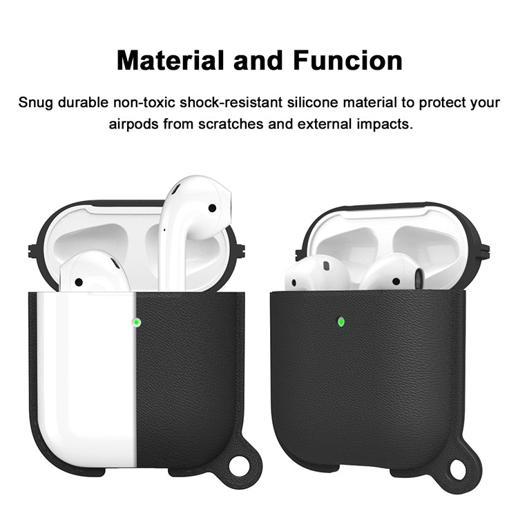 Anti-fall Litchi Texture Silicone Charging Box Protective Case with Carabiner for AirPods 1 & 2