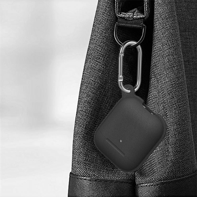 Anti-fall Litchi Texture Silicone Charging Box Protective Case with Carabiner for AirPods 1 & 2
