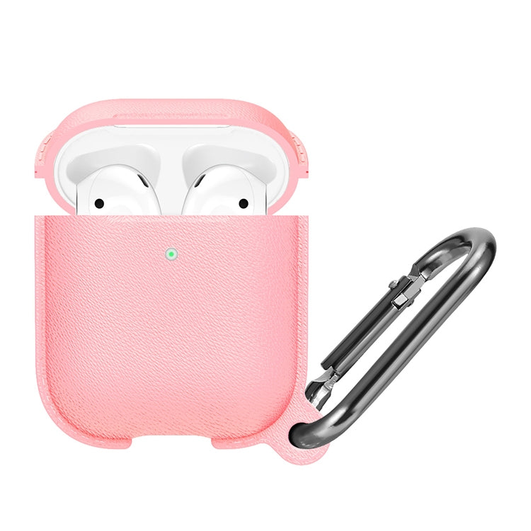 Anti-fall Litchi Texture Silicone Charging Box Protective Case with Carabiner for AirPods 1 & 2