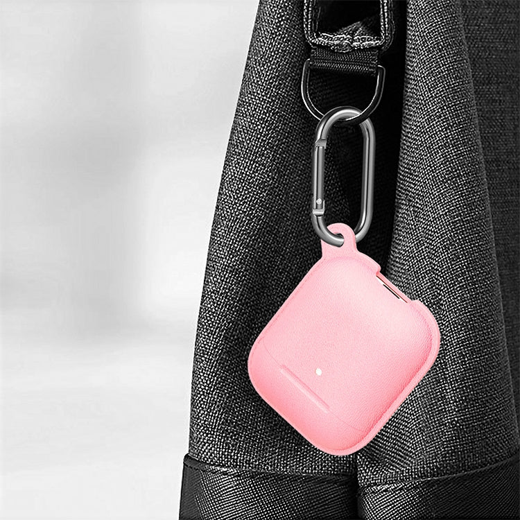 Anti-fall Litchi Texture Silicone Charging Box Protective Case with Carabiner for AirPods 1 & 2